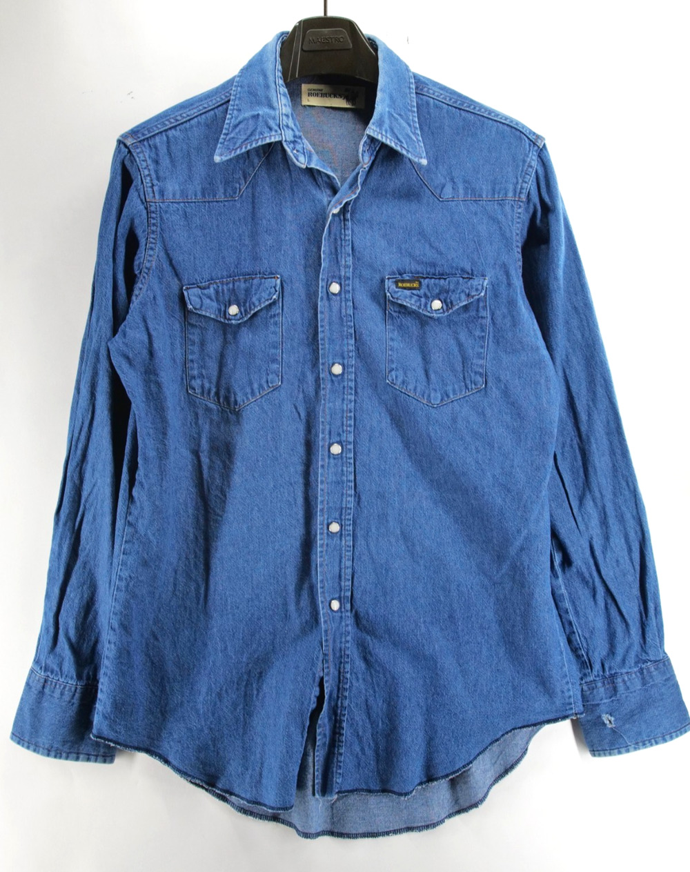Vintage Genuine Roebucks Western Work Denim Shirt Men Large USA Pearl Snaps